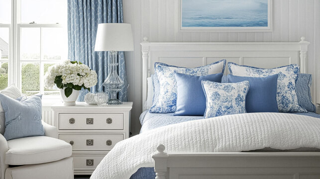 English style cottage interior in blue and white colour, delicate patterns, vintage furnishings, evoking the timeless charm and tranquillity of a classic countryside