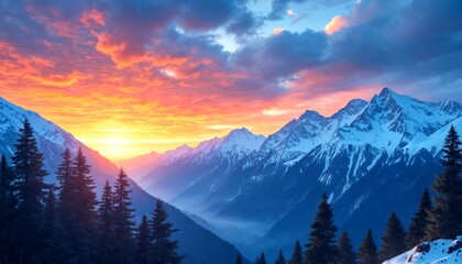 Sunrise over snow-capped mountain range.