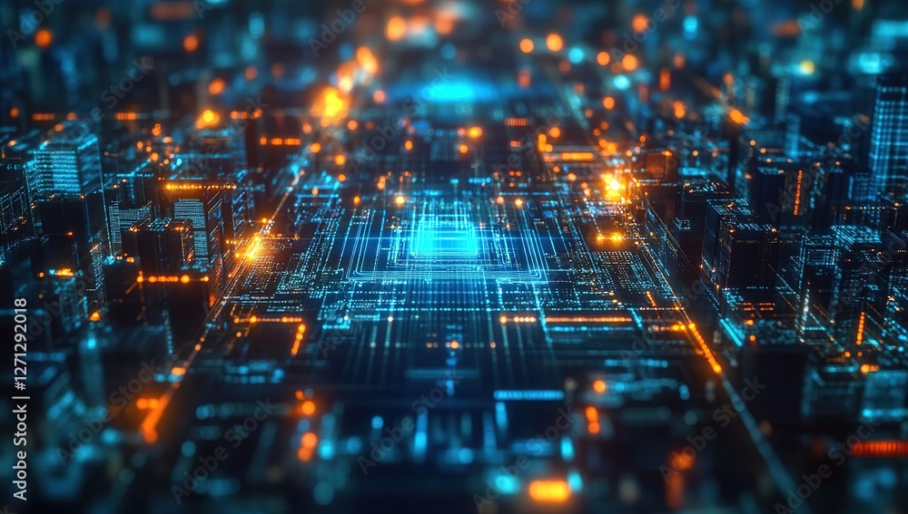 Poster digital cityscape: exploring futuristic urban designs with illuminated circuits and data streams in 