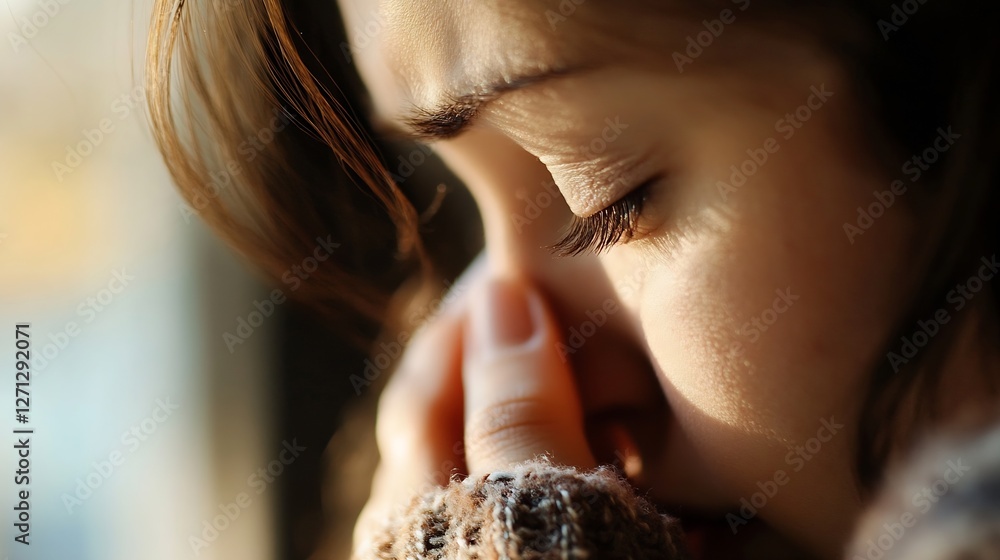 Aufkleber emotional close up of a woman with closed eyes reflecting sadness and deep contemplation in soft lig