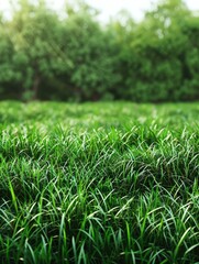 Fototapeta premium Lush green lawn with sun rays illuminating the idyllic summer background