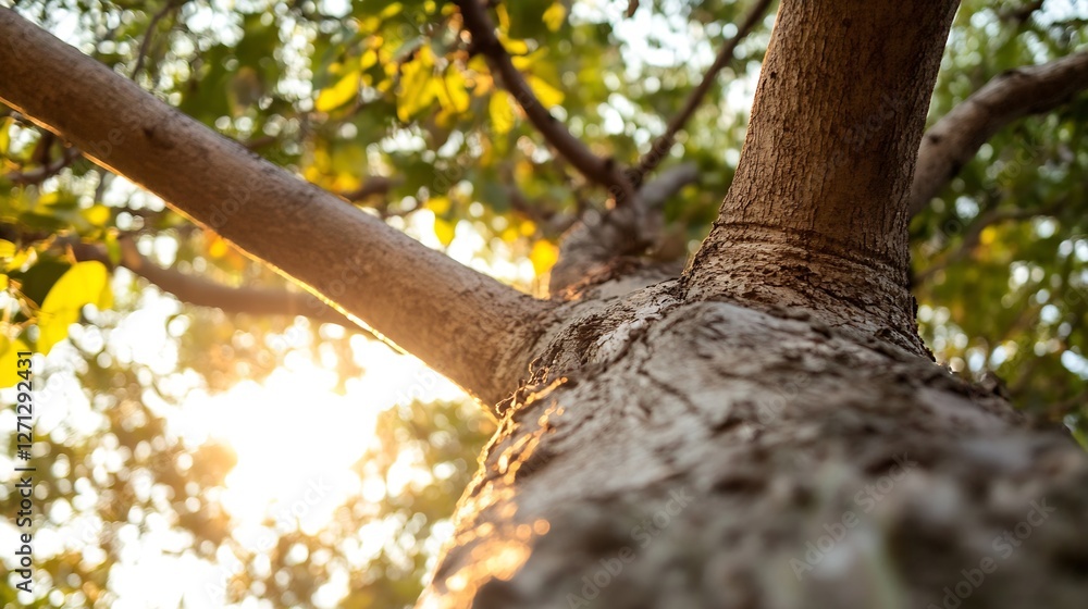 Poster majestic tree trunk with sunlight streaming through leaves creating warm atmosphere : generative ai