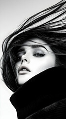 Woman, flowing hair, monochrome, studio shot, fashion