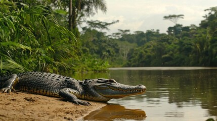 Amazonian Alligator by the Riverbank: A Majestic Reptile in its Natural Habitat