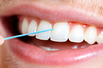 Woman flossing teeth, healthy smile, close-up, dental hygiene