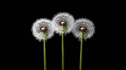 Three Dandelion Seed Heads Against Black Background