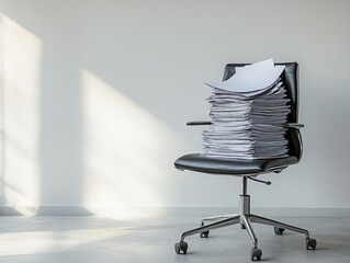 Empty office chair with unread documents symbolizes burnout in a minimalistic workspace. Generative AI