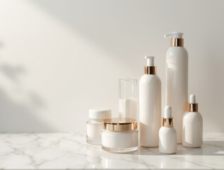 Luxury Skincare Products on Marble Counter – Minimalist White Bottles, Gold Accents, Facial Serums, Moisturizers, Organic Beauty, Premium Cosmetic Packaging