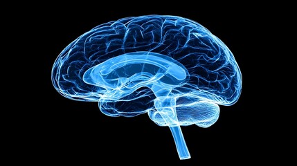 Glowing Blue Wireframe Human Brain 3D Rendering