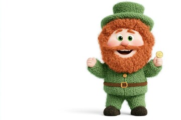 Cheerful cartoon leprechaun character in green attire, holding a gold coin, embodying St Patrick s Day spirit with a joyful expression, perfect for festive themes