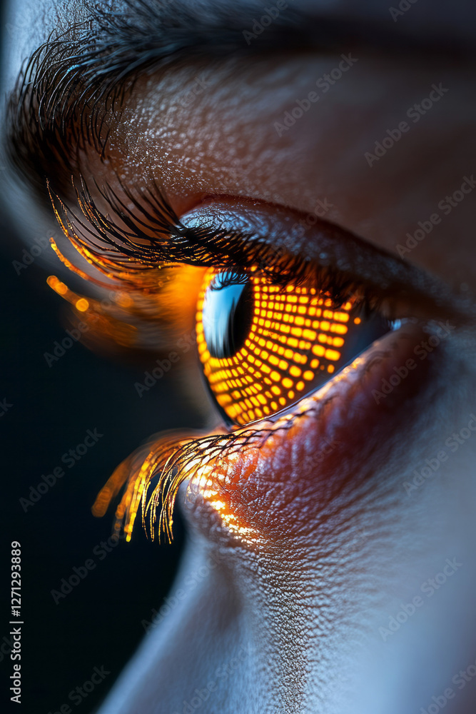 Poster a half-lit face with an exaggerated close-up of the eye, swirling orange helix patterns rotating in