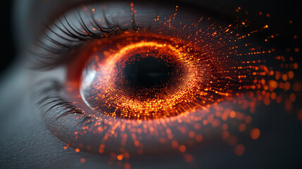 A hypnotic composition focusing solely on the eyeball, its cornea dotted with moving orange lights,