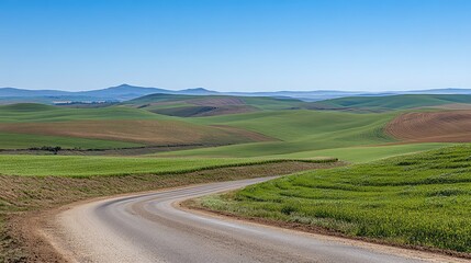 Empty asphalt road stretching into the horizon, surrounded by green fields under a clear blue sky, perfect for travel and journey concepts.