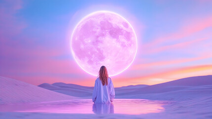 Woman meditates desert sunset, pink moon