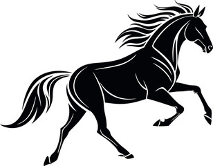 Black Silhouette Minimalistic Vector Illustration of a Galloping Horse with Flowing Mane, Fast Movement, Majestic Animal, Wild Horse, Power, Freedom, Horseback Riding, and Equestrian Art.