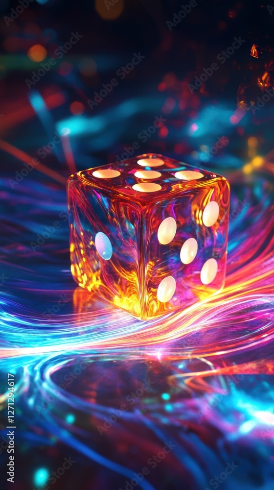 Poster illuminated dice resting on vibrant waves of light and shadow interplay