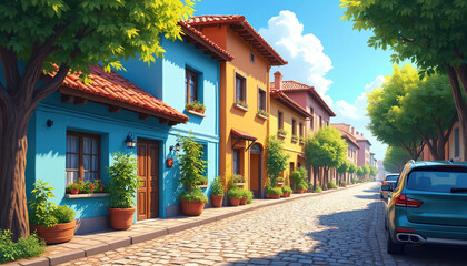 Naklejka premium Cobblestone street with colorful houses, blue sky. Facades are bright, vibrant. Trees line road. Sunny day. Architecture of homes is vintage. Street view features plants in pots, parked cars.