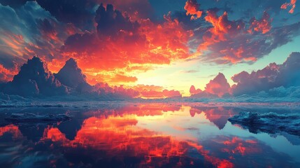 Evening sky with warm orange and red hues, reflecting on scattered clouds.