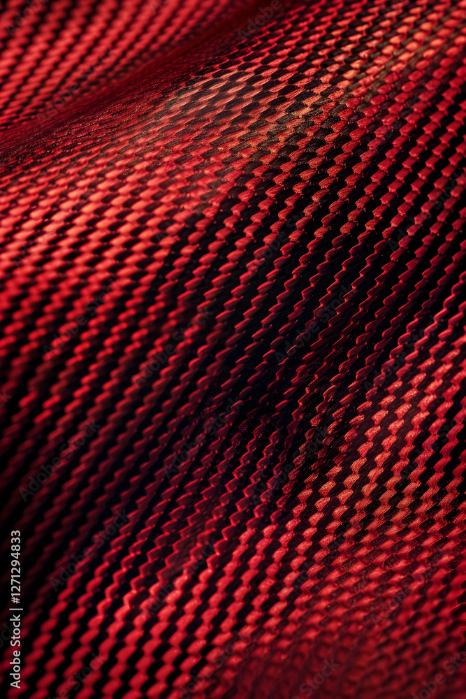 Poster Close-up of textured red fabric displaying intricate patterns and shadows in soft light