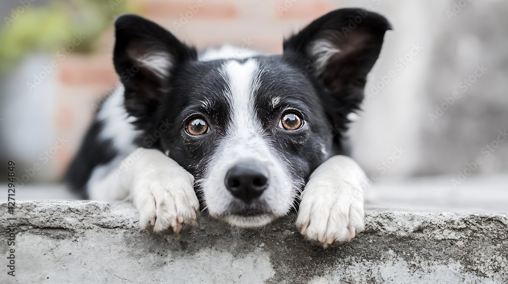 Poster adorable black and white border collie dog resting its head on a concrete surface with expressive ey