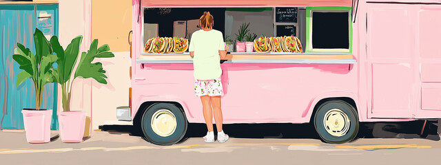 vibrant food truck serving gourmet sandwiches with woman ordering. colorful setting features plants and cheerful atmosphere, perfect for food lovers