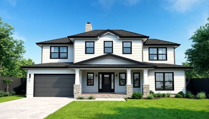 A white two-story house with black trim and accents.