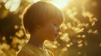 Fototapeta premium A young boy, bathed in golden light, closes his eyes with a serene smile as dandelion seeds float in the air, embodying innocence and the joy of nature.