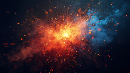 Abstract explosion of colorful particles radiating outwards with motion blur effects, set against a dark background for high contrast and energy