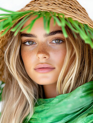 Naklejka premium Woman, straw hat, green scarf, summer, beach background, fashion