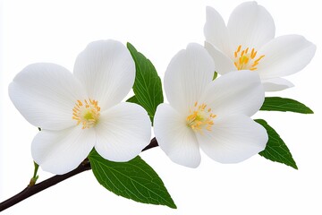 Obraz premium Close-Up of Delicate White Flowers with Green Leaves Isolated on White Background