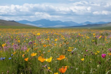 Obraz premium Colorful wildflowers create a vibrant tapestry in a meadow, with majestic mountains rising in the distance under a cloudy sky
