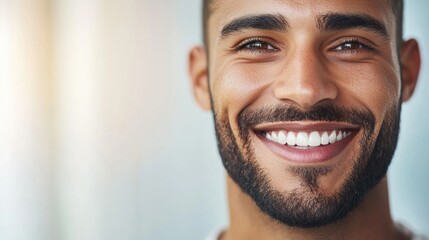 Naklejka premium a close-up of a man with a well-groomed beard, smiling warmly.