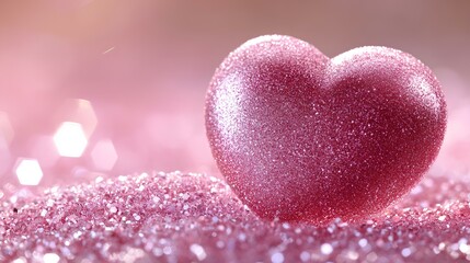 Obraz premium A sparkling pink heart rests on a bed of fine glitter, catching light and creating a magical atmosphere with soft bokeh effects in the background.