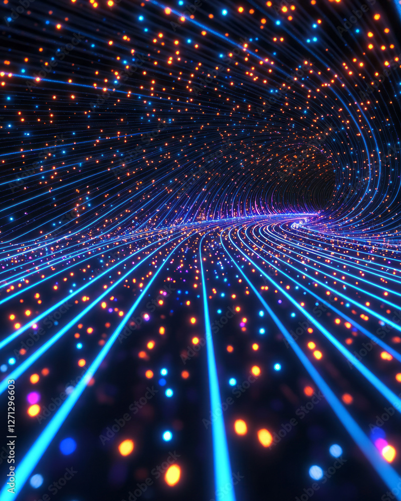 Poster a radiating burst of neon lines converging at a central point, with overlapping blues and reds