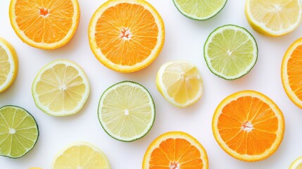 Freshly sliced citrus fruits including oranges, lemons, and limes arranged on a white background, leaving ample copy space for design.