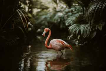 Fototapeta premium Flamingo with pink and white plumage wading in a tropical river surrounded by lush vegetation