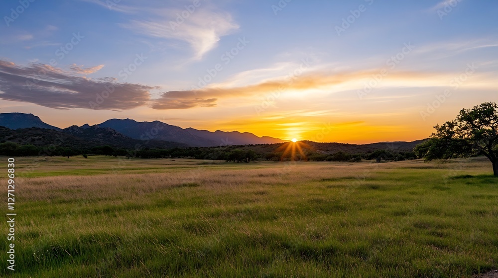 Poster golden sunset over rolling hills with grassy fields and fading light : generative ai
