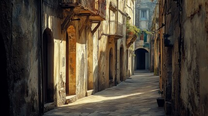 Fototapeta premium Sunlight graces a narrow cobblestone alley, highlighting rustic balconies and textured walls in a cozy, old-world ambiance of timeless charm.