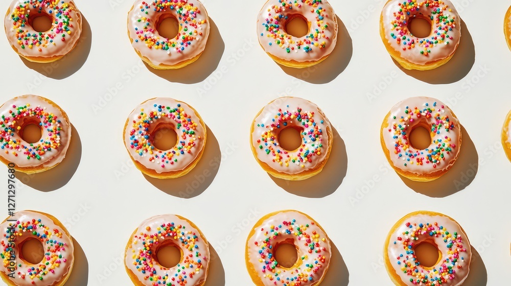 Poster glazed donuts with colorful sprinkles, neatly arranged on a white background with soft shadows.