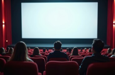 Cinema interior with audience sitting in red chairs watching movie on wide screen. Silhouettes of people in auditorium. Blank white projection in hall. Concept of entertainment, film industry.