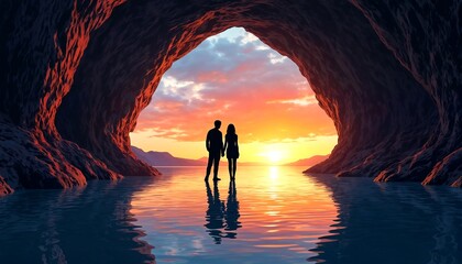 Fototapeta premium the silhouette of a man and woman standing inside a cave near a body of water at sunset.