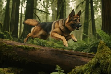German Shepherd dog joyfully jumping over a moss covered log in a lush, dense forest, showcasing agility and playful energy in nature