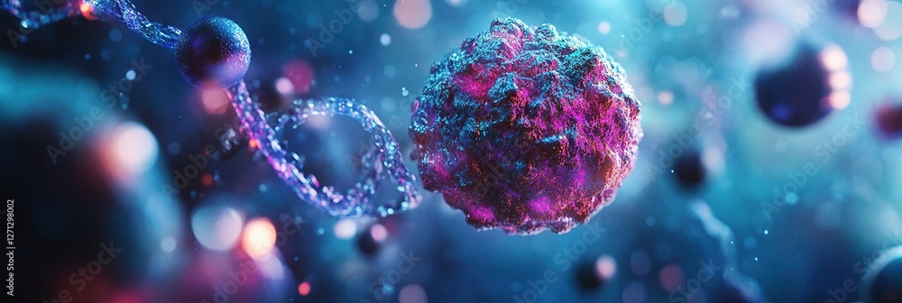 Poster exploring cellular structures: microscopic cell and dna strand interactions, unveiling biological my