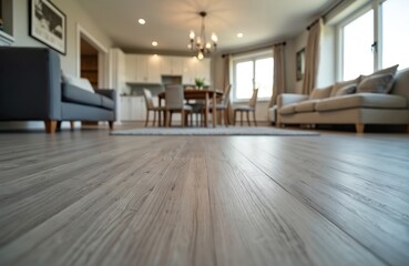 Low angle shot focuses on luxury vinyl plank flooring inside home. Floor wood planks create warm, cozy ambiance in house interior. Laminate parquet design enhances room decor. Construction material