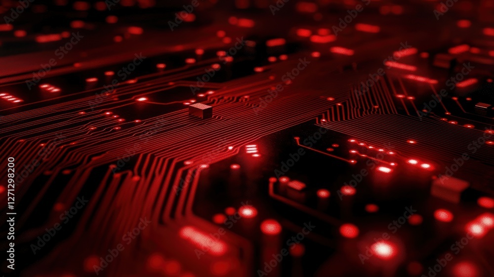 Poster abstract red circuit board: digital technology, high-tech electronics, microchip close-up