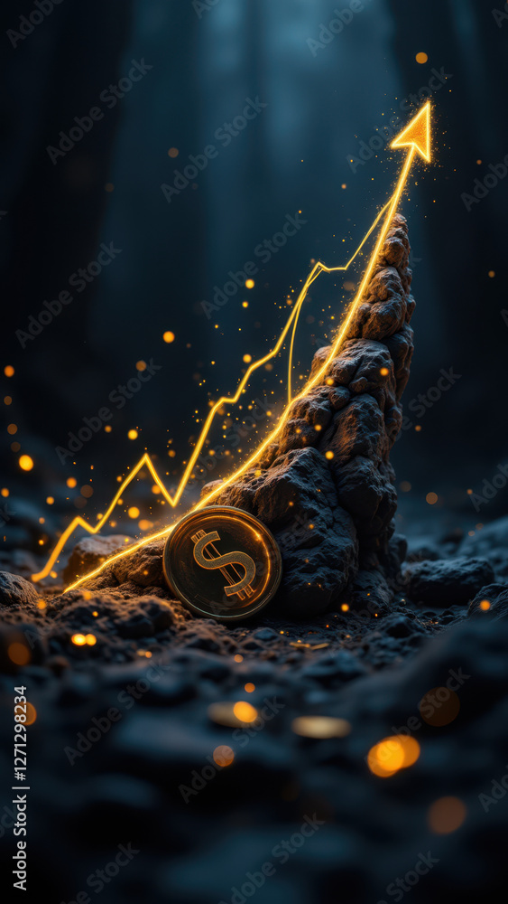 Poster an upward-trending chart symbolizing financial growth with sparkles around a bitcoin coin on a dark 