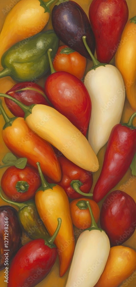 Wall mural Vibrant assortment of colorful chili peppers in varied hues and shapes