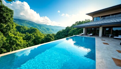 Obraz premium a modern home with an infinity pool overlooking mountains and trees.