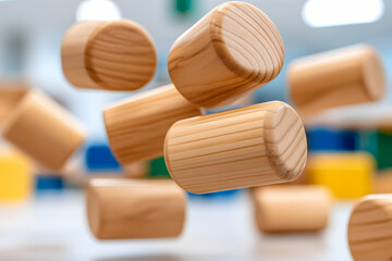 Wooden cylinders falling; indoor play area background; educational toy concept