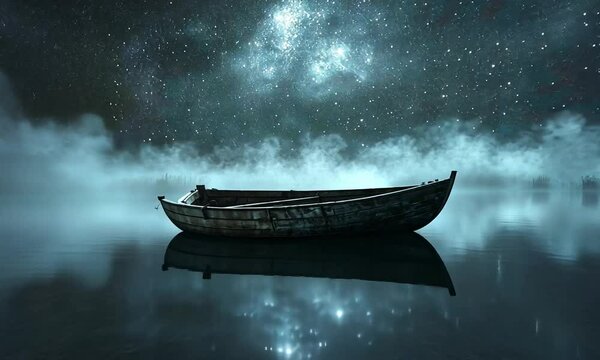 A solitary wooden boat floating on a tranquil lake under a starry night sky with mist